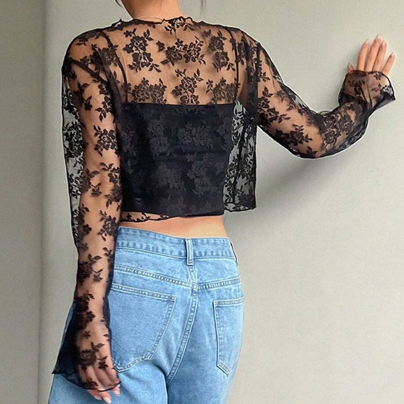 Boho Floral print Lace Sheer Long Sleeve Cropped Top - Picture 8 of 9